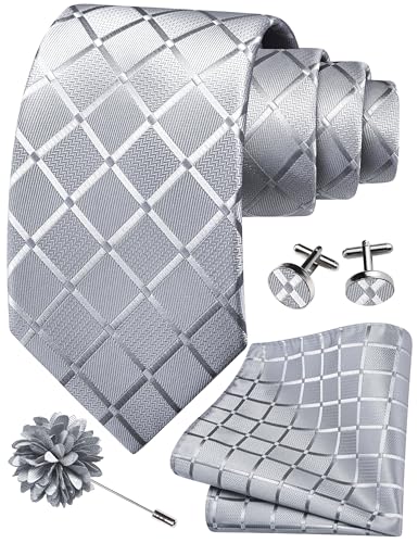 Image of GUSLESON 3.15 inch(8cm) Mens Tie and Lapel Pin Plaid Checkered Necktie Hankerchief Cufflinks Set for Men