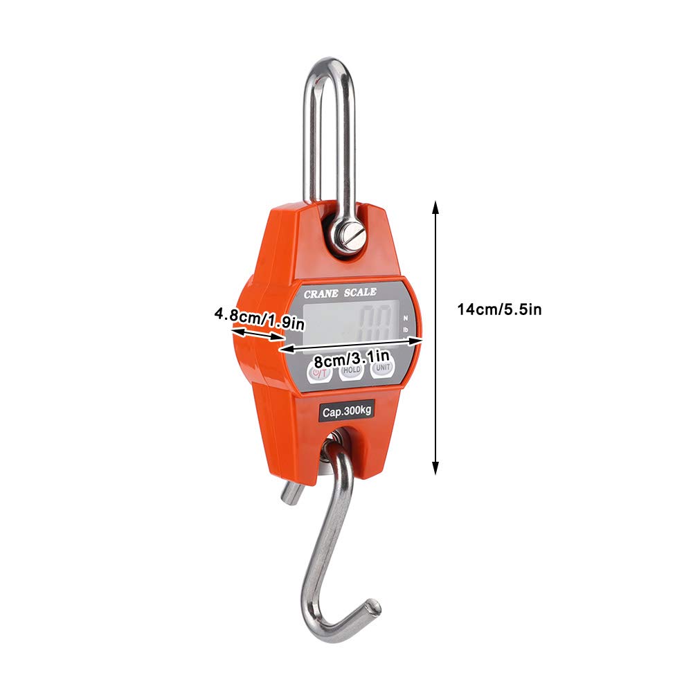 Mini báscula de mano para grúa con ganchos, mini báscula portátil con pantalla LCD digital, báscula para colgar, báscula eléctrica, 300 kg/600 lb, naranja para granja, caza