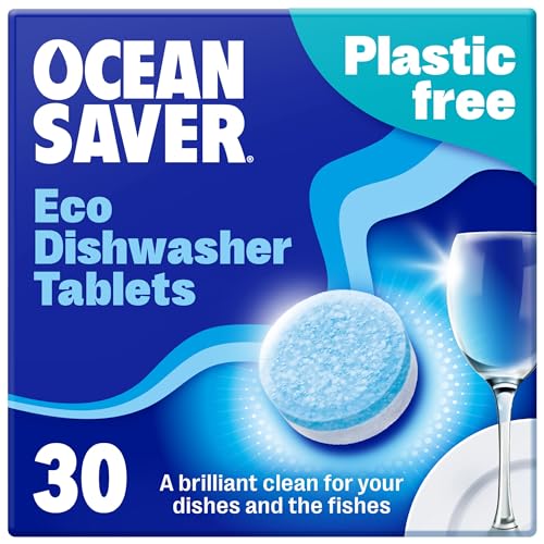OceanSaver Pastillas ecológicas para lavavajillas, paquete de 30, pastillas para lavar platos no tóxicas y sin plástico para una limpieza sostenible, sal y enjuague todo en uno a base de plantas para