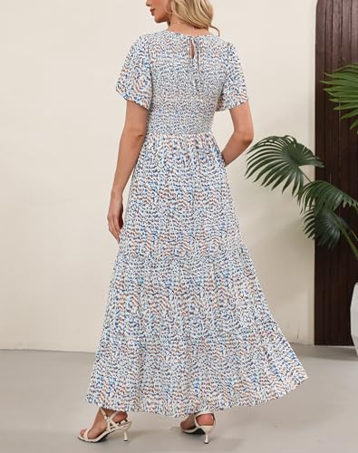 Image of Kranda Women 2025 Summer Fall Crewneck Short Sleeve Smocked Floral Maxi Dress
