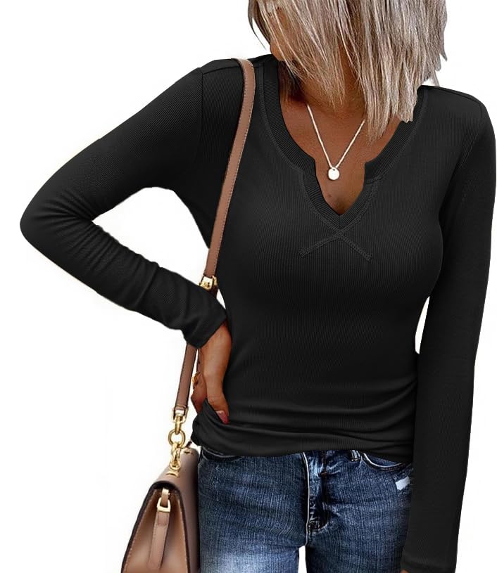 Ekouaer Womens Thermal Long Sleeve Shirts V-Neck Slim Fit Basic Going Out Ribbed Y2K Tops
