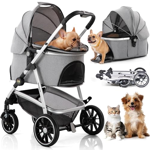 Kenyone Pet Stroller 3 in 1 Dog Stroller for Medium Small Size Dogs, Large Cat Stroller with Detachable Carrier for Puppies, Doggies, Kitties, Bunnies (C510 Gray)
