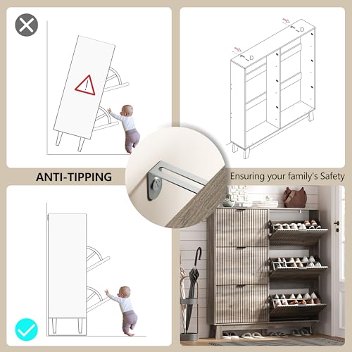 Image of HUANLEGO Shoe Cabinet Storage for Entryway with 6 Flip Drawers, Fluted Narrow Shoe Organizer with Wooden Legs, Freestanding Slim Shoe Storage Hidden Shoe Rack Organizer for Front Door Entrance, Grey