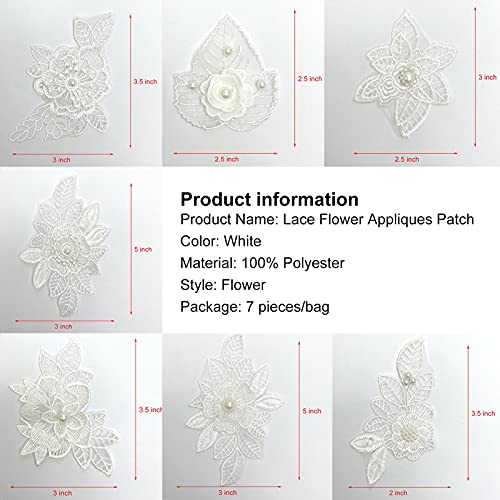 Luwigs 7 Pieces 3D Flower Lace Embroidery Appliques Pearl Patch Diy Wedding Dress Sewing Craft Clothing Jeans Jackets Bags (7Pcs, White) #TOP2
