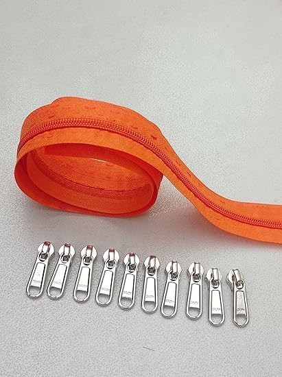 Bhavya Enterprise 5 Meters Open Zipper with 10 Steel Zip Puller in Meter for Tailoring, Stitching, Bags and Purse (Open Ended Zips) - (5 Meter Roll + 10 Steel Zips Runner) (ORANGE)-image-2