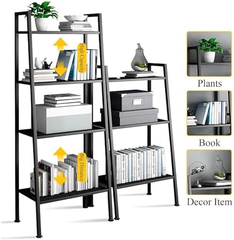 Modern 4-Tier Metal Ladder Book Shelf - Tall Storage Rack for Living Room, Office, Kitchen & Entryway - Stylish Floor Standing Bookshelf in Red