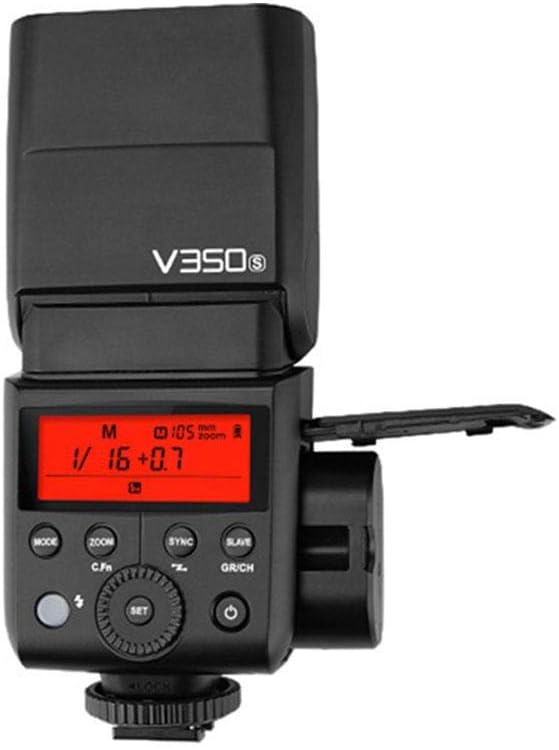 Front view of Godox V350S flash showing the control panel and LCD screen.