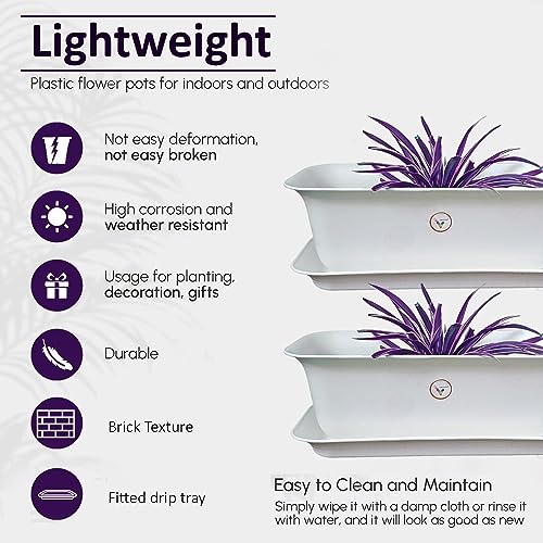 Image of 20 Inch Planters Rectangular White Flower Pot Gamla with Bottom Tray and Drainage Hole, Set of 4 (1 Small Free) Indoor and Outdoor Big Size for Terrace Home Decor Gardening Pots