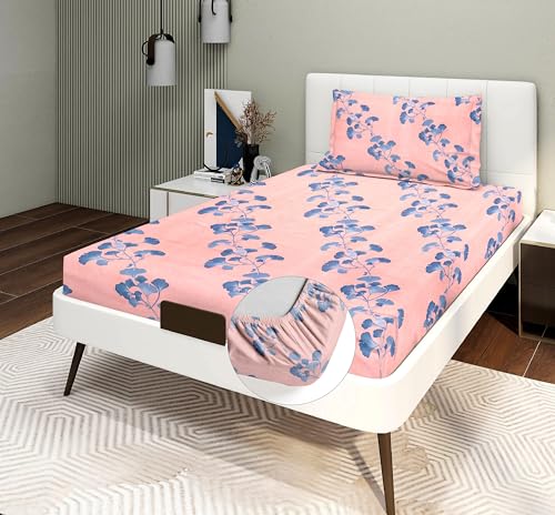 Image of RD TREND Presents Luxurious Glace Cotton Super Soft 210 TC 360 Elastic Fitted Bedsheets Single Bed Size (72 x 48 x 8 Inch) with 1 Pillow Cover Size (28 x18), Color- Pink, Floral