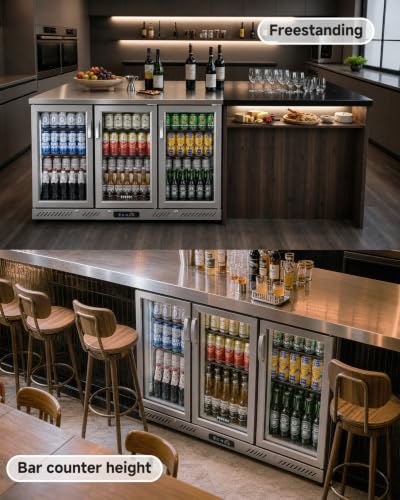 Image of BODEGA 53 inch W Back Bar Cooler Stainless Steel Counter Height Beverage Fridge, 11.4 Cu.Ft Commercial Beer Fridge, 3 Glass Door Display Drink Cooler with LED Light for Bar Pub Night Club