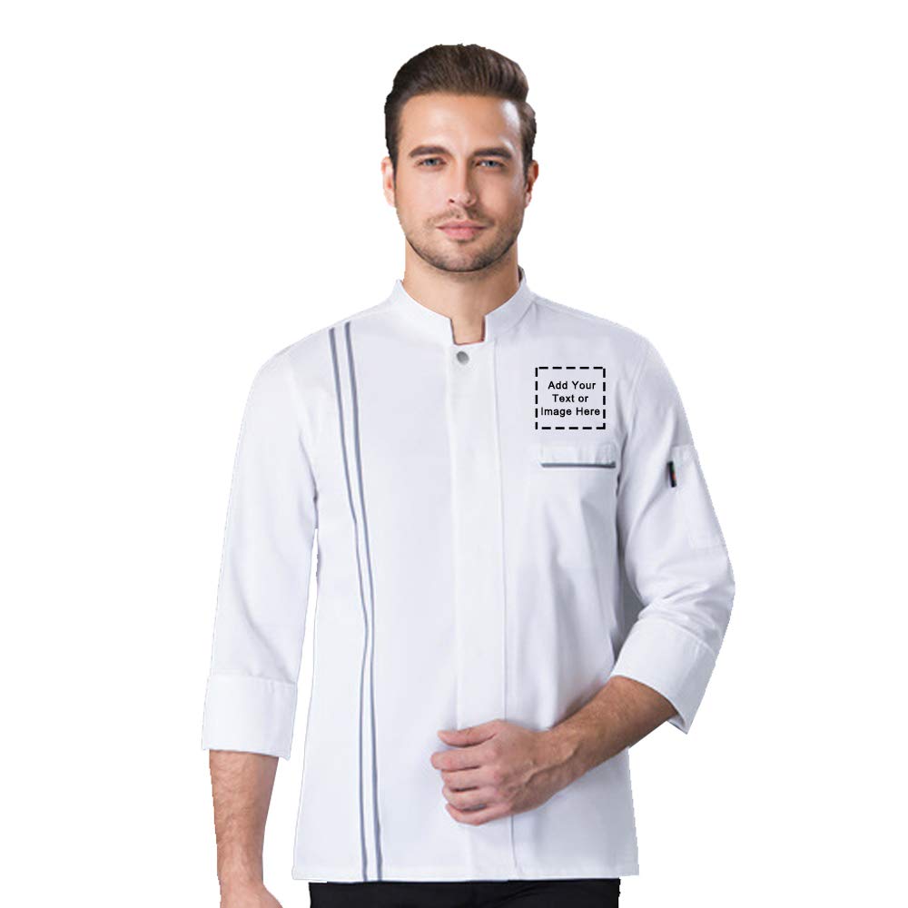 Personalized Chef Jacket Customized Hotel Kitchen Restaurant Cooking Hidden Single Breasted Long Sleeve Chef Coat(White S)