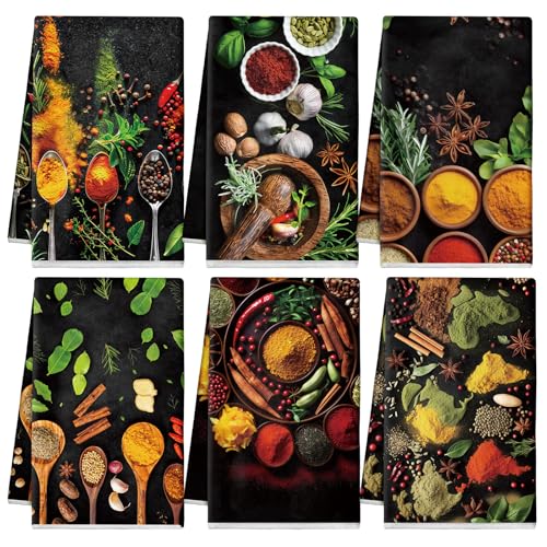 Breling Set of 6 Colorful Spices Kitchen Towel Set Microfiber Dish Towels for Kitchen Bathroom Home Cooking Herb Home Tea Towels Decorative Rustic Absorbent for Coffee Bar, 14 x 21 Inch