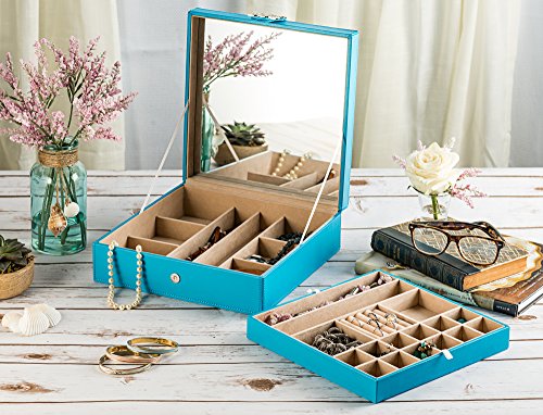 Glenor Co Jewelry Box - 28 Section Classic Organizer with Modern Buckle Closure, Large Mirror & 2 Trays for Women Teens and Girls - Holder for Earring Ring Necklace Bracelet & Watch -PU Leather - Blue - Thumbnail 5