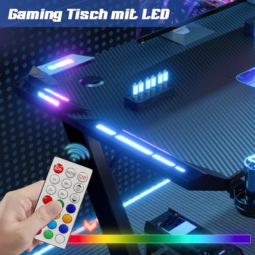Gaming Tisch mit LED 120x60 cm, Gaming Schreibtisch Z-Frame, Ergonomischer Gamer PC Tisch mit Getränkehalter, Kopfhörerhaken, Stabiler Computertisch, Schwarz – Bild 5