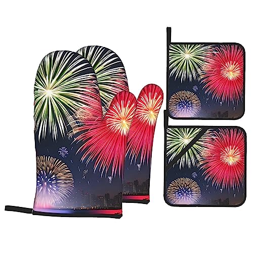 Splendid Fireworks - Juego de guantes de horno y soporte para ollas, juego de 4 piezas, resistente al horno hasta 180.0 °C, seguro para cocinar y hornear.