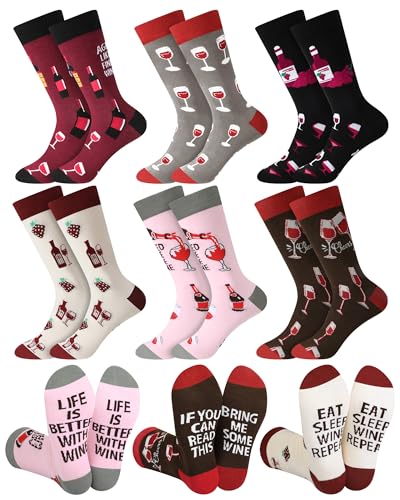 Halfchet 6 Pairs Drink & Alcohol Theme Crew Socks for Women Funny Coffee Cocktail Martini Wine Socks Birthday Holiday Gifts(Wine)