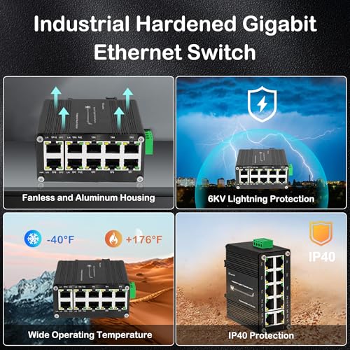 Image of Industrial Hardened 10 Port Gigabit Ethernet PoE Switch, 8-Port 802.3at PoE+, 2 Uplink Ethernet Din Rail Switch, 20Gbps Switch Fabric, PoE Budget 240W for IP Camera,IP Phone,Wireless AP