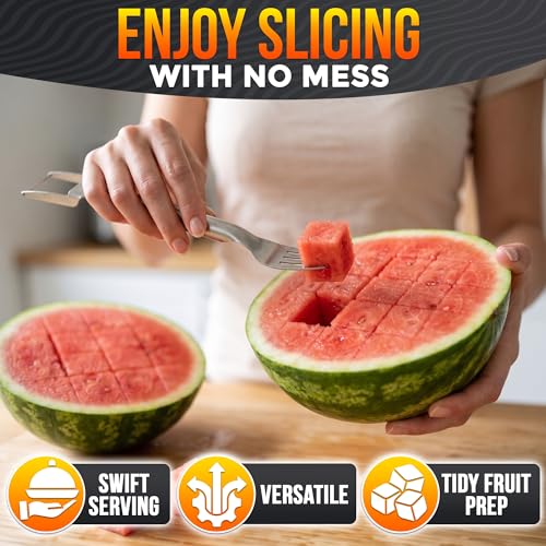 Image of Stainless Steel Watermelon Cutter Slicer Tool 2-in-1 - Cutter & Fork Slices Perfect Cubes with Zero Juice Mess, Watermelon Slicer Tool for Melon & Dragon Fruit - Portable for Picnics & Summer Parties