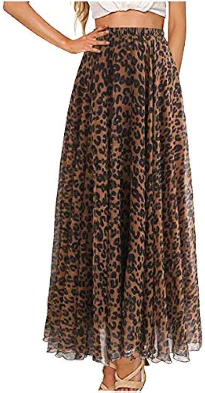 L'VOW 女款 彈性 豹紋 印花 水彩 長裙 百褶 高腰 洋裝