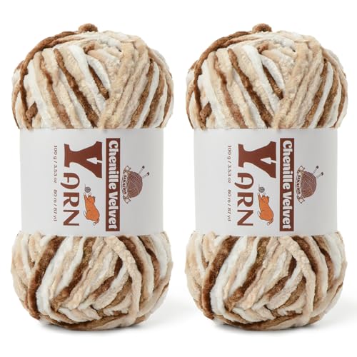 Image of 2 Pack Plush Chenille Chunky Yarn - Fluffy Velvet Yarns Crochet for Blanket Knitting and Crocheting - Soft Baby Yarn for Crocheting - Amigurumi Crochet Yarns 100g (87yds) (2 White Coffee)