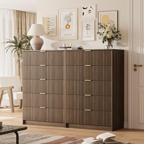 Image of MAISONARIA 5 Drawer Dresser for Bedroom, Tall Dresser Chest of Drawers with Gold Handles, 32 Inch Wide Nightstand with for Bedroom, Living Rooms, Offices, and Entryways, Walnut