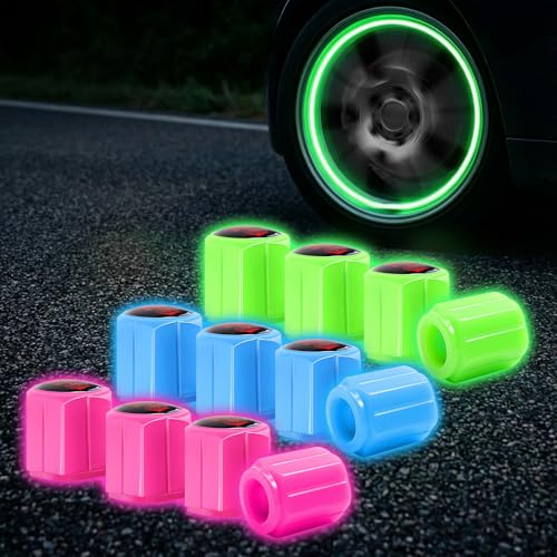 NYVOR 12PCS Bouchons de Valve de Pneu de Voiture Lumineux Universels, Valve Lumineuse Pneu Voiture en 3 Couleurs Fluorescentes Crâne Anti-Poussière Bouchon...