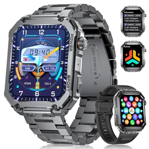 Reloj Inteligente Militar para Hombres ,2 correas 1.91'' Reloj Deportivo con 100+ Modos Deportivos, Monitoreo de Frecuencia Cardíaca 24/7/SpO2/del Sueño, IP68 Impermeable para Android e iOS,Negro