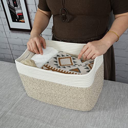 Cotton Rope Storage Basket Bins Woven Basket For Organizing Shelves Rectangle Decorative Baskets For Storage Clothes Toys Books Towels Square Wicker Nursery Basket Organizer 3 Pack White And Brown #TOP2