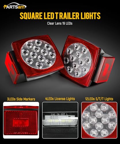 Image of Partsam 12V Submersible Square Led Trailer Lights, Red White LED Stop Turn Tail License Side Marker Running Light Lamp for Trailers Under 80 inch Boat Trailer Truck, IP68, Red Clear Lens