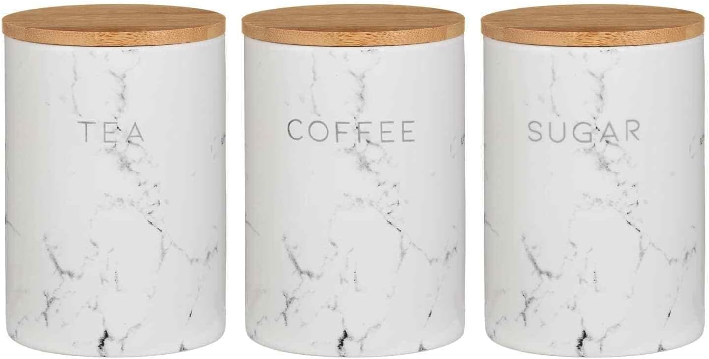 Scotvision3 White Ceramic Marble Effect Tea Coffee Sugar Storage Wood Lids Jars/Canisters