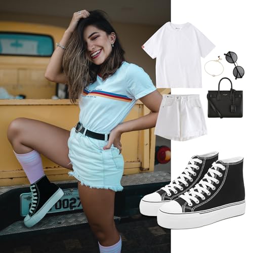 Image of FRACORA Womens High Top Canvas Shoes White Black Platform Sneakers Lace Up Shoes for Women