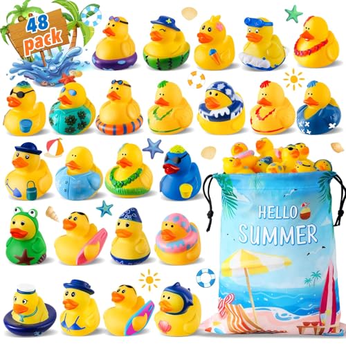 48 Pcs Summer Rubber Ducks with a Bag Rubber Ducks for Ducking Beach Ducks for Jeeps Water Games Duckies Swimming Pool Cruise Summer Holiday Party Favors Water Pool Toys for Baby Toddler Kids