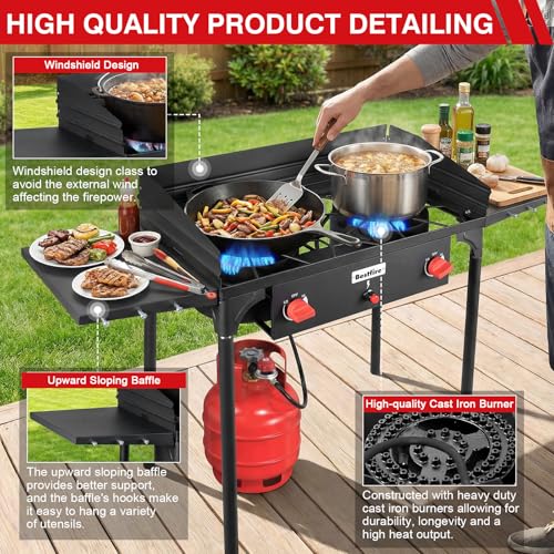 Image of Bestfire 2 Burner Propane Stove, 150,000 BTU High Pressure Camping Burner with Windscreen, Side Shelves, Removable Legs, CSA Certified for Outdoor BBQ Backyard Cooking