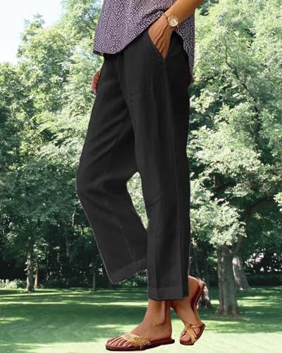 Cotton Linen Pants for Women Summer Casual Straight Leg Capri Pants Elastic Waist Beach Trouser with Pockets4