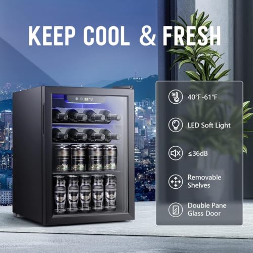 Image of Antarctic Star 2.6cu.ft Wine Cooler /Cabinet Beverage Refrigerator, Small Mini Wine Cellar Fridge, Beer Soda Clear Front Glass Door, Quiet Operation, Adjust Temperature, Freestanding, Black