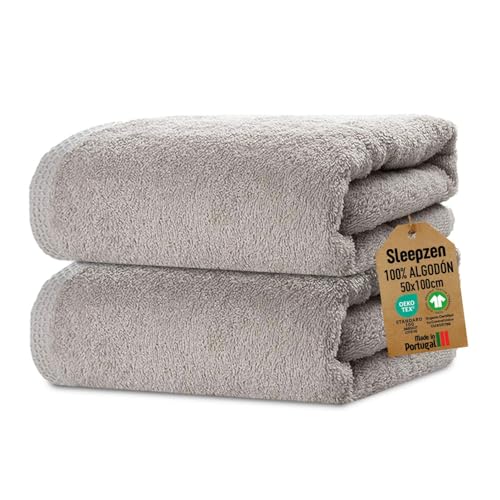 Sleepzen - Juego De Toallas De Baño 50x100, Juego De 2 - Beige, En Algodón Orgánico Certificado Gots - 500 G M - Ultra Absorbentes - Extra Suaves - Fabricadas En Portugal - Certificadas Oeko-Tex