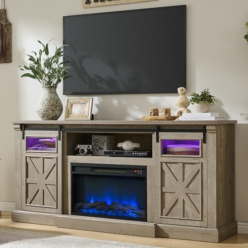 Fireplace TV Stand for up to 80 Inch TVs, 32’’ Tall LED Entertainment Center with Electric Fireplace, Farmhouse TV Console Table w/Sliding Barn Door & Window for Living Room, Rustic Gery - Thumbnail 5