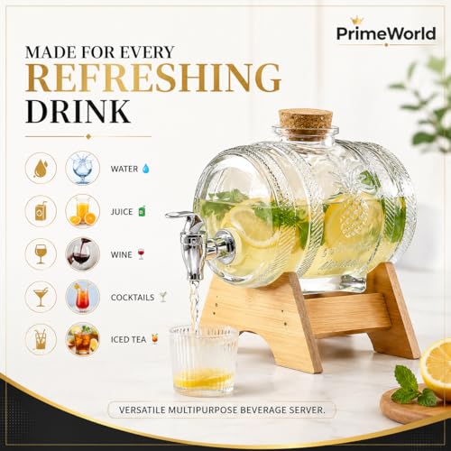 Image of 3L Glass Beverage Dispenser Barrel with Wooden Stand & Leakproof Tap | Premium Drink Server for Juice, Water, Wine, Cocktails & Iced Tea | Ideal for Home, Parties & Camping