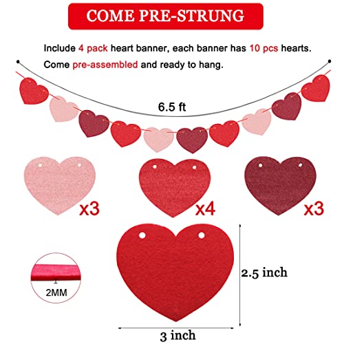 Jozon 4 Pack Felt Heart Valentine’s Day Garland Banner Valentines Day Heart Decorations For Anniversary Wedding Engagement Party Home Office Wall Decorations Supplies (Red, Pink And Dark Red Color) #TOP1