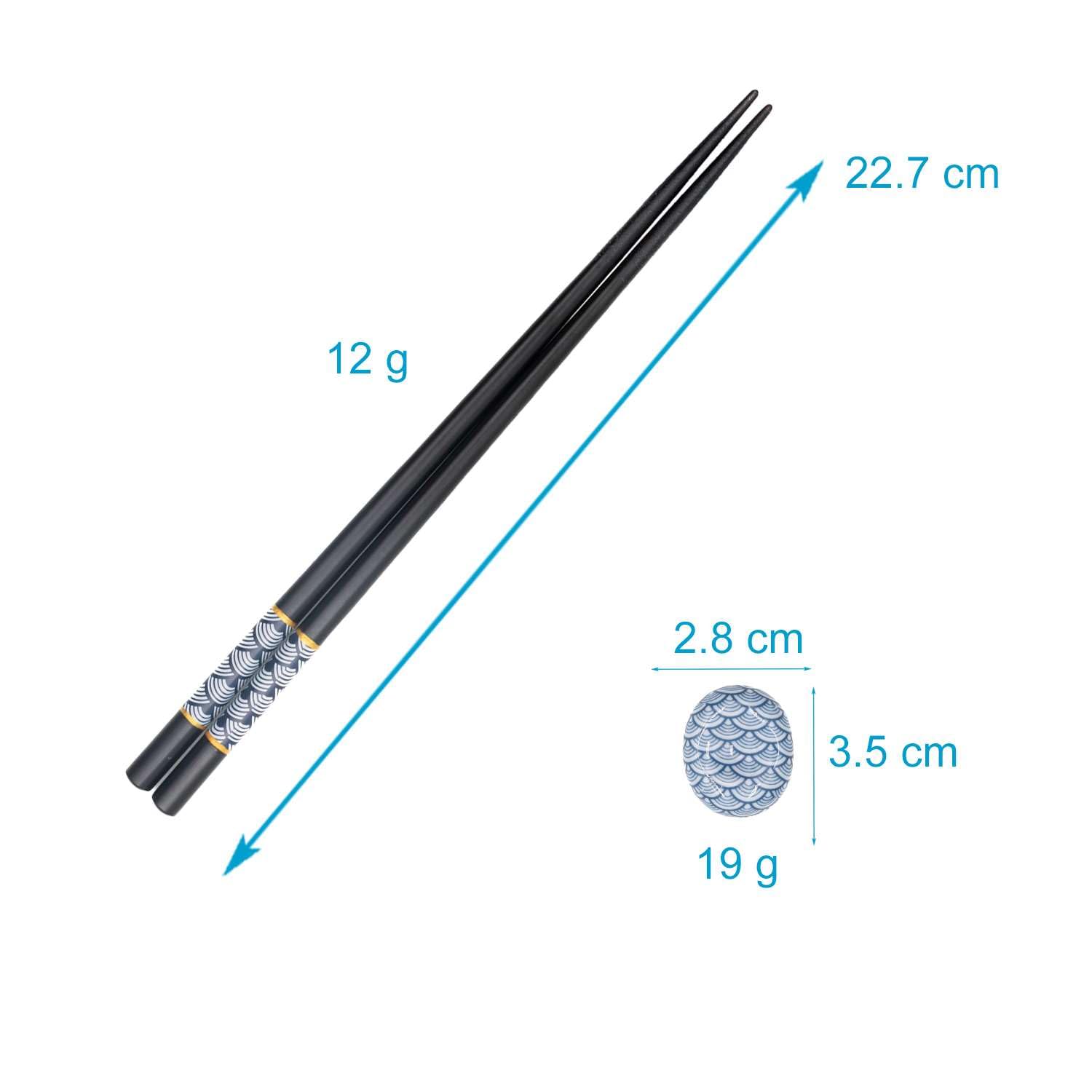Intirilife Ensemble de Baguettes en Noir avec motif en éventail Bleu - 2 paires de baguettes 22.7 cm de longueur avec 2 porte-baguettes 3.5x2.8x1.4 cm - Baguettes réutilisables pour Sushi Japonais
