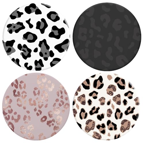 Universal Collapsible Phone Grip & Stand Holder - 360° Rotating Foldable Sticker Mount for iPhone Android Smartphones Tablets 4 Pack - White Black Pink Rose Gold Leopard