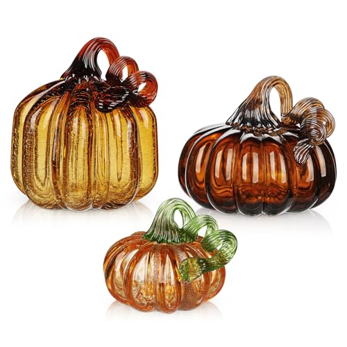 Briful Set di 3 zucche in vetro soffiato a mano per decorazioni autunnali, zucche artificiali decorative in vetro per Halloween, centrotavola del Ringraziamento, vassoi a più livelli e decorazione da