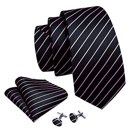 Image of Barry.Wang Man Stripe Ties Set Silk Woven Pocket Square Necktie Cufflinks Formal Party Business