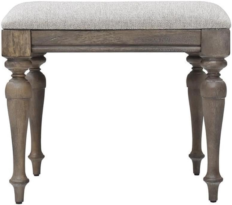 BOWERY HILL Farmhouse Vanity Bench, 20 in W x 16 in D x 18 in H, Solid Wood Frame, Driftwood Gray Finish, Cream Upholstered Seat, Distressed Acacia and Mindi Veneers, Bedroom or Vanity Room Seating