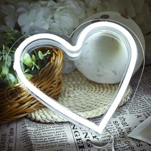 Image of SYLHOME Heart Led Neon Light Sign Battery Operated or USB Powered Bedroom Wedding Wall Sign Decor Valentines Day Birthday Christmas Gifts USB 7.87 inch X 7.28 inch Cold White