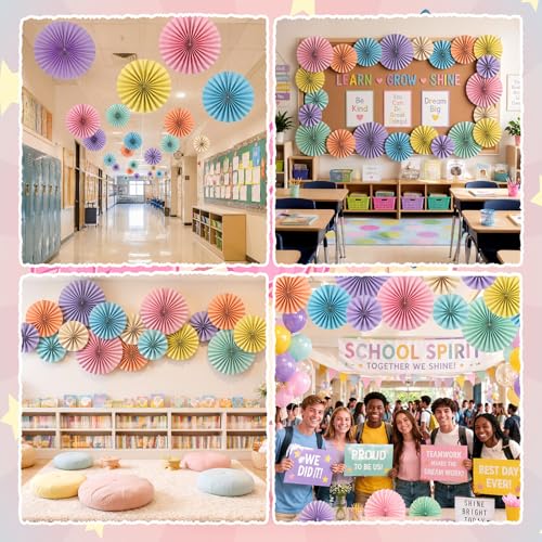 Image of 18 Pcs Pastel Hanging Paper Fans Decor Pastel Paper Fans Round Garlands Bulletin Board Classroom Decorations for Birthday Classroom Backdrop Party Supplies
