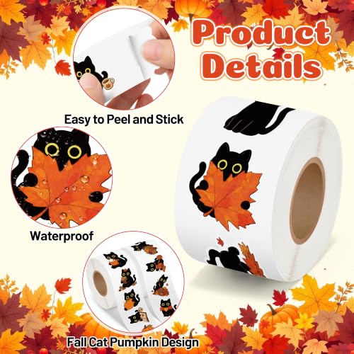 Image of Fall Pumpkin Cat Stickers, 1000Pcs Kawaii Black Cat Animal 2 Rolls