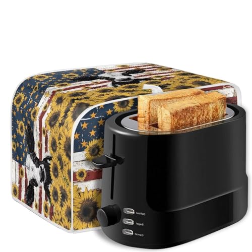 Image of Talayituse Cow Sunflower American Flag Print 2 Slice Toaster Covers Dust Protection Bread Maker Covers Toaster Oven Cloth Cover Kitchen Accessories Washable Appliance Cover, S