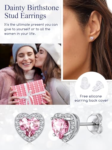 Suplight 925 Sterling Silver Birthstone Earrings Stud Round/Heart/Teardrop/Square Crystal Earrings for Women, Diamond Silver Earrings Dainty Gifts for Women Birthday Unique Minimalist Jewelry4