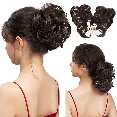 SARLA Messy Bun Hair Piece Side Comb Clip in Synthetic Hair Bun Hairpiece for Women Dark Brown Short Curly Wavy Versatile Adjustable Styles Easy Hair pieces